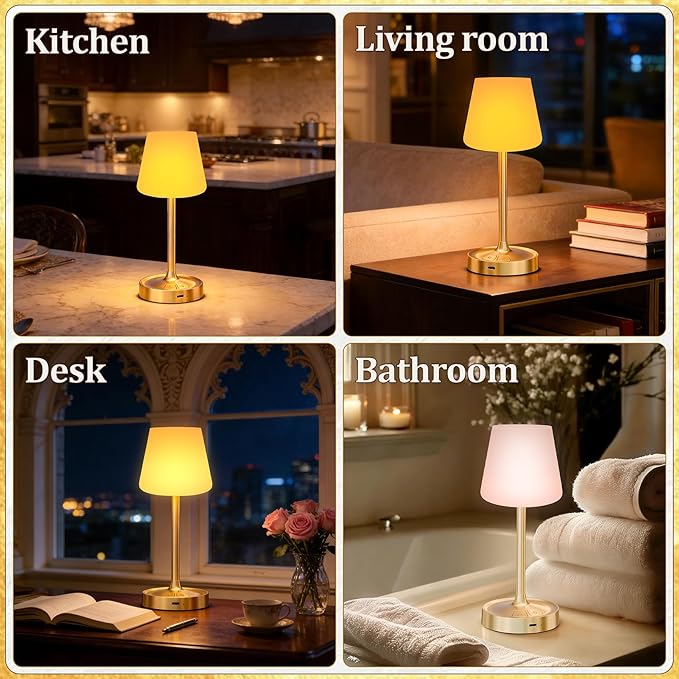 Small Shower Lamp Waterproof: Table Lamp with 4000mAH Battery - Rechargeable 3 Dimmable Cordless LED Lamp for Desk Bedroom Living Room Bathroom - Gold Touch Light for Parents Kids