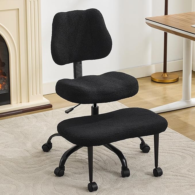 Ergonomic Criss Cross Legged Office Chair, ADHD Chair, Wide Height Adjustable Seat 360° Swivel Footstool with Wheels, Teddy Fabric Meditation Kneeling Chair, for The Restless Home Workers,Black