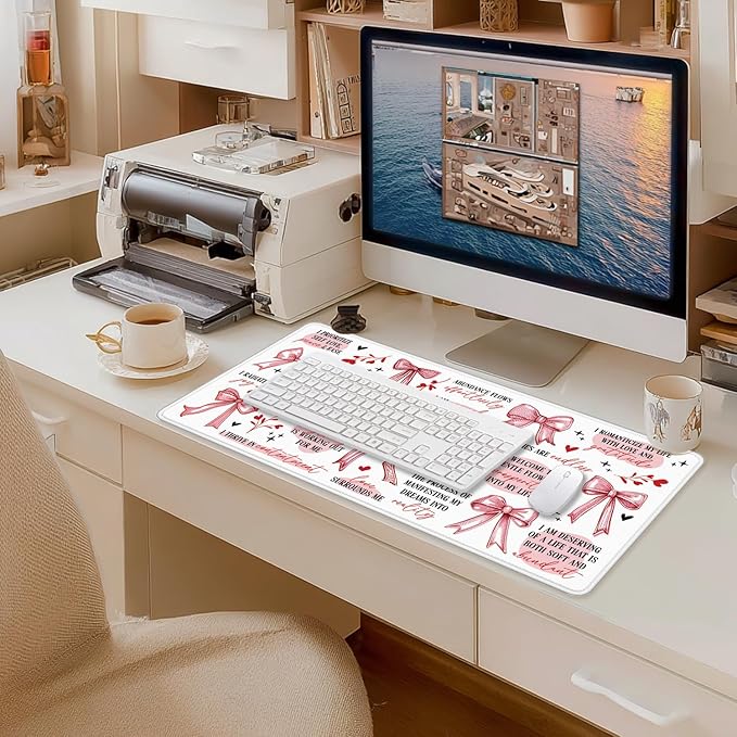 Coquette Preppy Pink Bow Inspirational Large Mouse Pad 31.5x15.7inch, Daily Reminders Large Extended Computer Desk Mat Mousepad for Keyboard and Mouse, Girly Office Desk Accessories