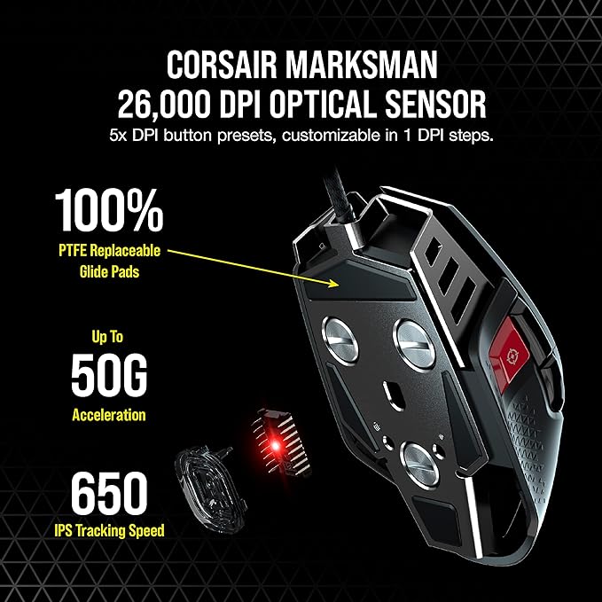Corsair M65 RGB Ultra Tunable FPS Gaming Mouse Marksman 26,000 DPI Optical Sensor, Optical Switches, AXON Hyper-Processing Technology, Sensor Fusion Control, Tunable Weight System - Black