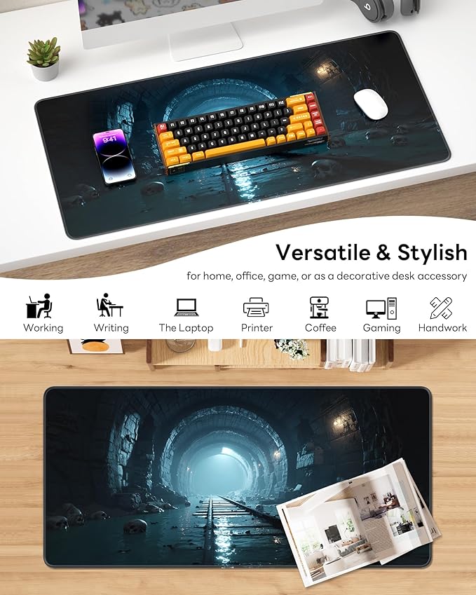 XL Gaming Mouse Pad, 31.5x15.7'' Large Desk Mat with Anti-Slip Rubber Base & Stitched Edges for Gaming, Office, Home, Dark Tunnel