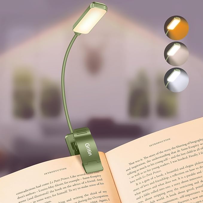 Gritin 9 LED Rechargeable Book Light for Reading in Bed - Eye Caring 3 Color Temperatures,Stepless Dimming Brightness,80 Hrs Runtime Small Lightweight Clip On Book Reading Light -Intense Green