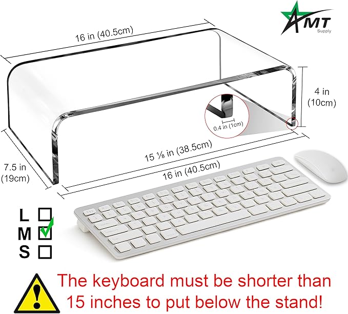 AMT 16 Inch Acrylic Laptop Monitor Stand, Computer Riser with Cat Keyboard Protector, Space-Saving Design, Extra Storage, Clear Shelf - Ideal for Monitors, Laptops, Printers, Desktop Decor