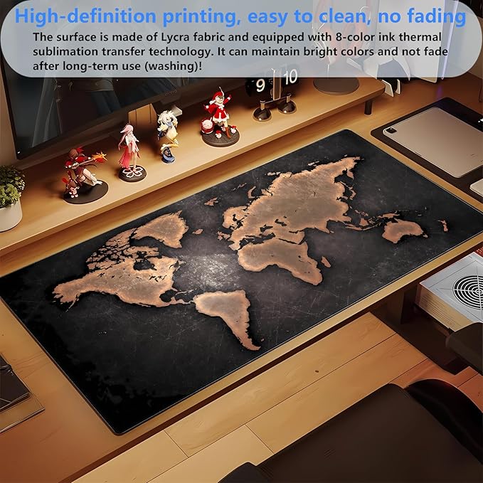 World Map Gaming Mouse Pad XXL Large Vintage Style Full Desk Mat Extended Keyboard Pad with Stitched Edges, Non-Slip Base (31.5" x 15.7")