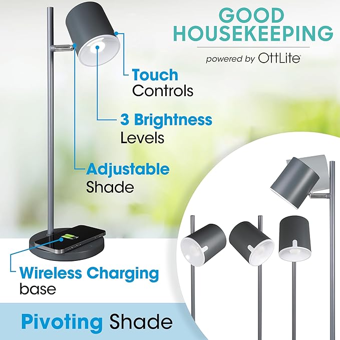 OttLite LED Desk Lamp with Wireless Charger, Good Housekeeping, Modern Book Light, Reading Light, Adjustable, Dimmable, Eye-Friendly Lighting, Great Desk Lamps for Home Office