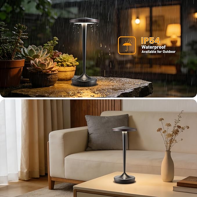 YHT CordlessTable Lamps Rechargeable, 6000mAh Battery Portable LED Touch Led Table Lamp, 3-Color Stepless Dimming & Memory Function, for Outdoor, Dinning, Patio, Restaurant, Kitchen (Black)