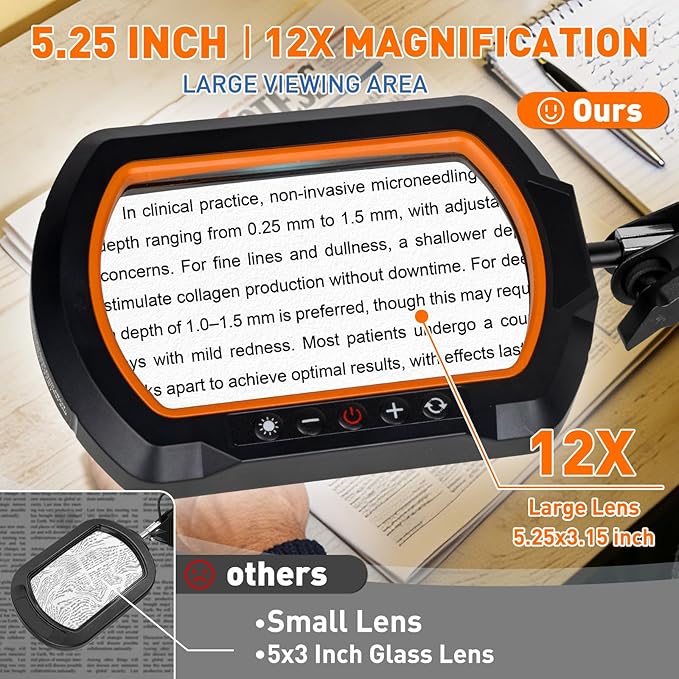 HITTI 12X Square Magnifying Glass with Light and Clamp, Hands-Free Lighted Stand with Ultra Long 3-Section Arm | 5 Color Modes & Stepless Dimming LED Desk Lamp for Workbench, Crafting, Reading -Yellow