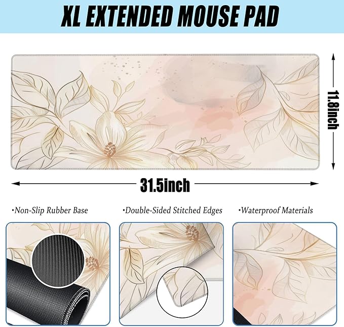 Desk Mat,Minimalist Flowers and Leaves Large Gaming Mouse Pad for Desk XL,Golden Line Floral Desk Pad,Extended Big Computer Keyboard Mouse Pad with Non-Slip Base Stitched Edges 31.5"x11.8"