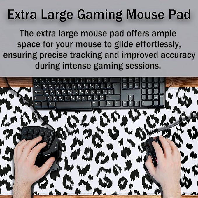 Large Gaming Mouse Pad - White and Black Desk Mats, Non-Slip Rubber Base 35.4 X 15.7 for Game Office, Leopard Print