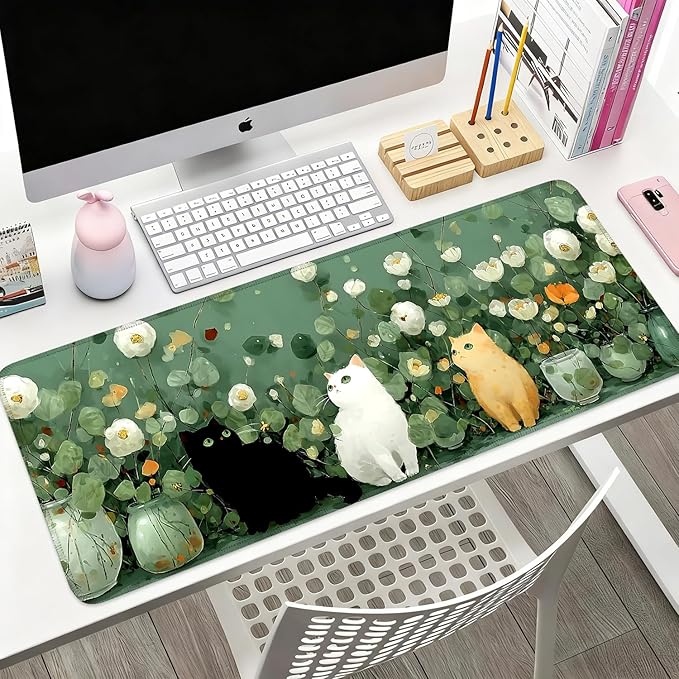 Desk Mat, XXL Extended Gaming Pad for Desktop, 31x12 Inches Floral Cats with Three Kittens, Large Non-Slip Vegan Leather Keyboard Mouse Mat for Home Office