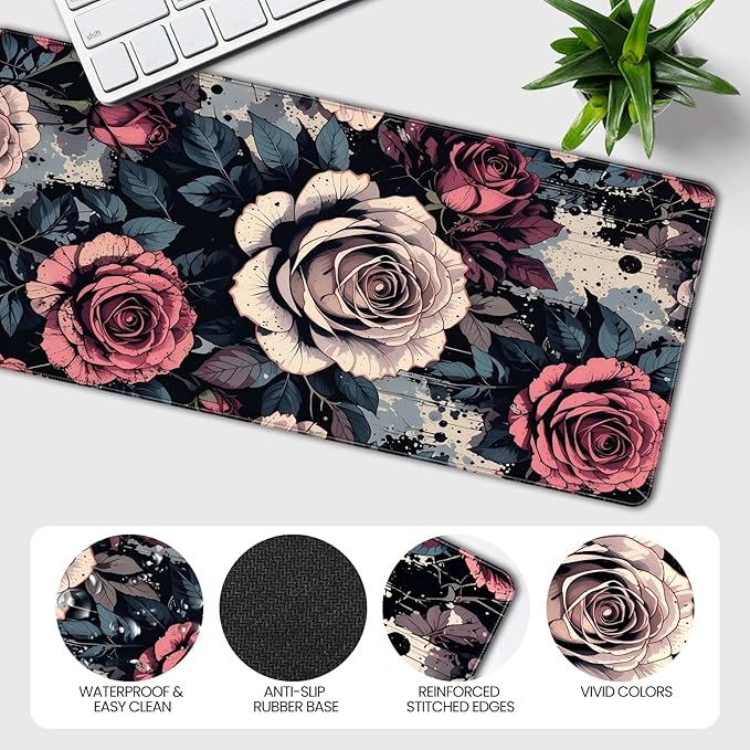 XXL Gaming Mouse Pad, Vintage Rose Floral Design, 35.4 x 15.7 Inches, Microfiber Cloth, Non-Slip Rubber Base, Rectangular Extended Desk Mat