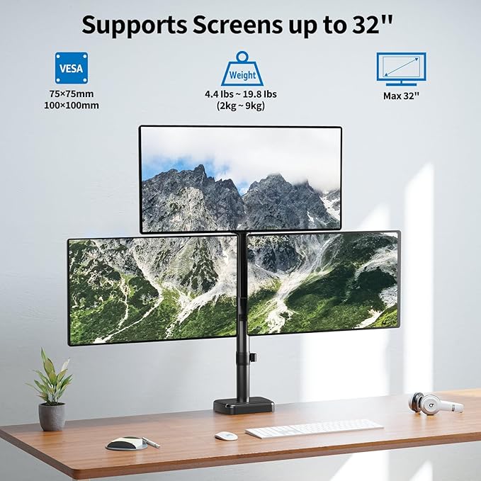 Triple Monitor Mount Fits Max 32" Computer Screen, Holds up to 17.6lbs Each Arm, 3 Monitor Desk Mount, Triple Stand with Tilt Swivel Rotation, VESA Mount 75/100mm