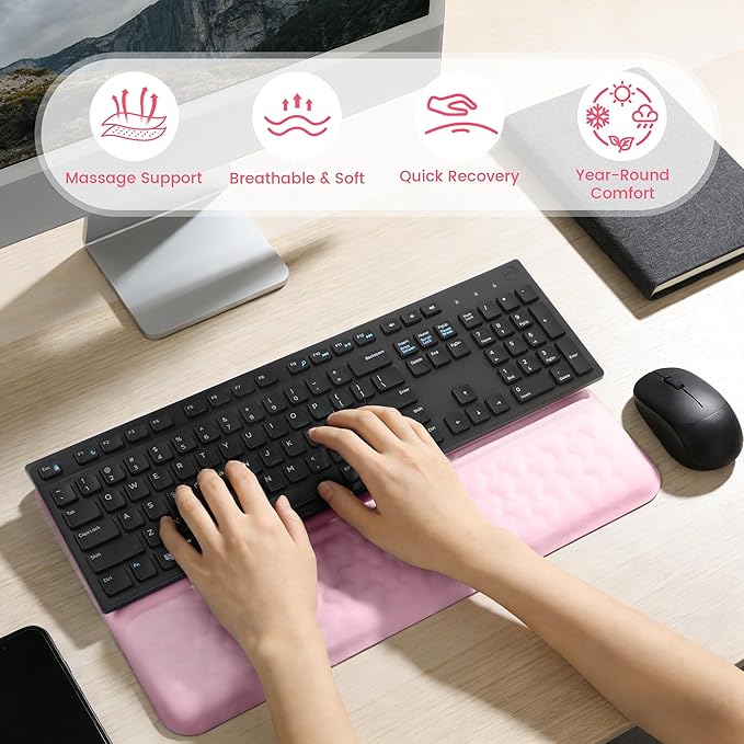 Keyboard Wrist Rest with Ergonomic Height - Computer Keyboard Stand & Soft Cushioned Pad for Wrist - Non-Slip Typing Support for Office, Gaming & Home (Pink)