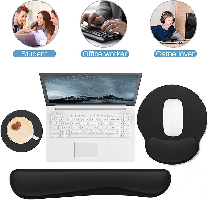 Ergonomic Mouse Pad with Wrist Rest and Keyboard Wrist Rest, Mousepad and Wrist Rest for Computer Keyboard, Non-Slip Rubber Base, Mouse Pad with Wrist Support for Gaming, Office, Black
