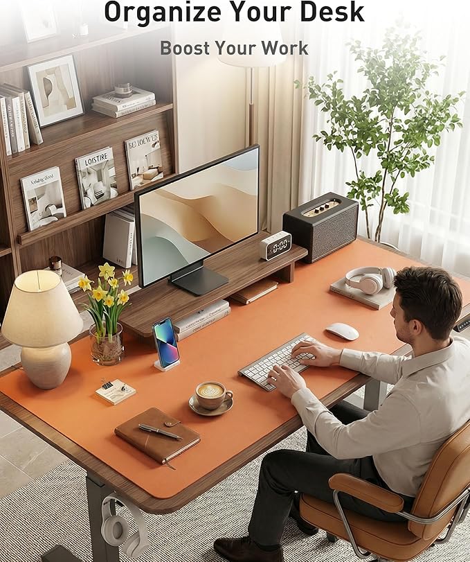 Aothia Faux Leather Desk Mat - Large Mouse Pad, Non-Slip PU Leather Blotter, Waterproof Writing Surface for Office and Home (Orange, 40" x 24")