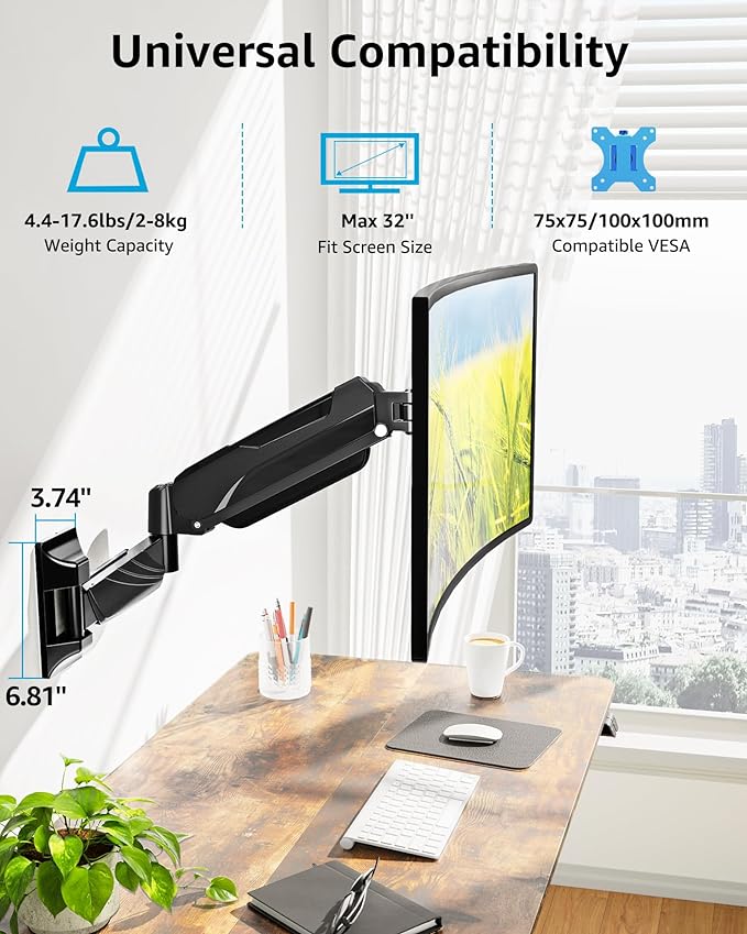 MOUNTUP Monitor Wall Mount for 17-32 Inch Computer Screen, Wall Mounted Arm Support 4.4-17.6lbs Display, Computer Monitor Arm, VESA Bracket for VESA 75x75mm and 100x100mm, Black