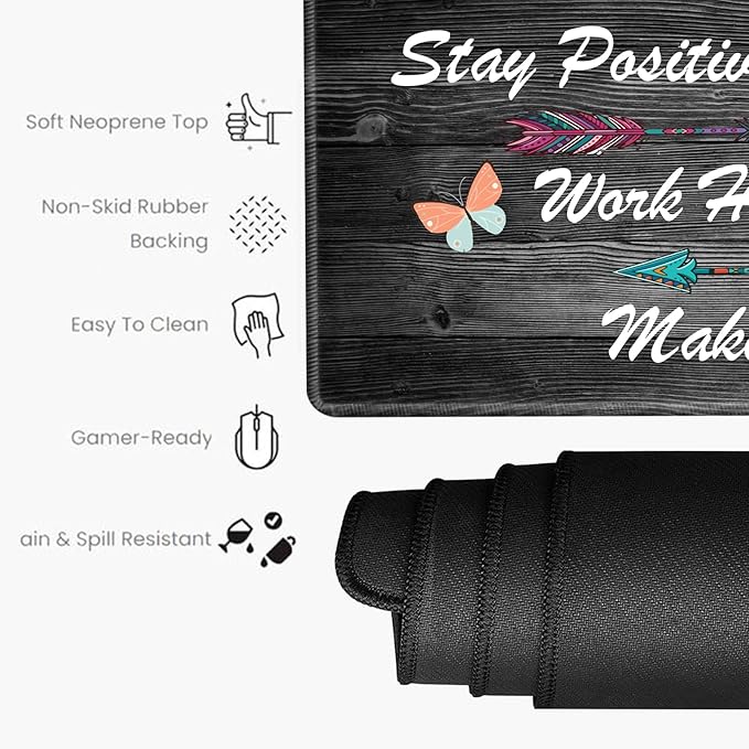 Stay Positive Mouse Pad 24x12 Inch Desk Mat Work Hard and Make It Happen Mousepad Inspirational Quote Desk Pad XXL Computer Mat for Wireless Mouse Work Coaster Set