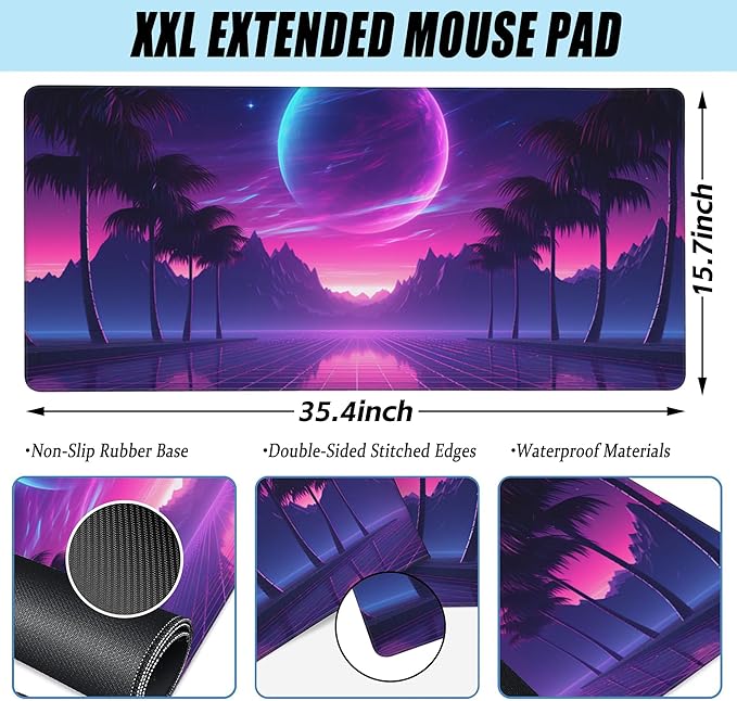 Large Gaming Mouse Pad for Desk,Cool Retrowave Landscape Desk Mat,Science Fiction Scene Desk Pad, Extended Big Computer Keyboard Mouse Pad with Non-Slip Base and Stitched Edge 35.4"x15.7"