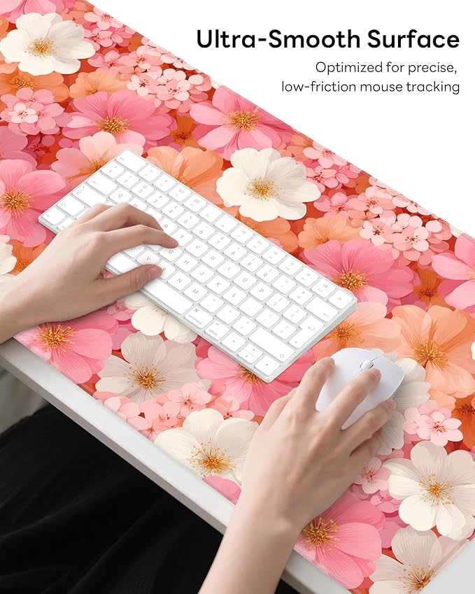 XL Gaming Mouse Pad, 31.5x15.7'' Large Desk Mat with Anti-Slip Rubber Base & Stitched Edges for Gaming, Office, Home, Floral