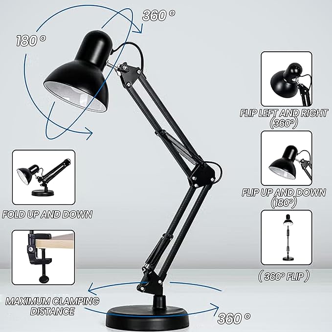 Metal Desk Lamp with Clamp, Swing Arm, Architect Adjustable Desk Lamps for Home Office, Clip Desk Lights for Home Office, Study, Work, Reading, E26 Base, Multi-Joint– Includes Bulb