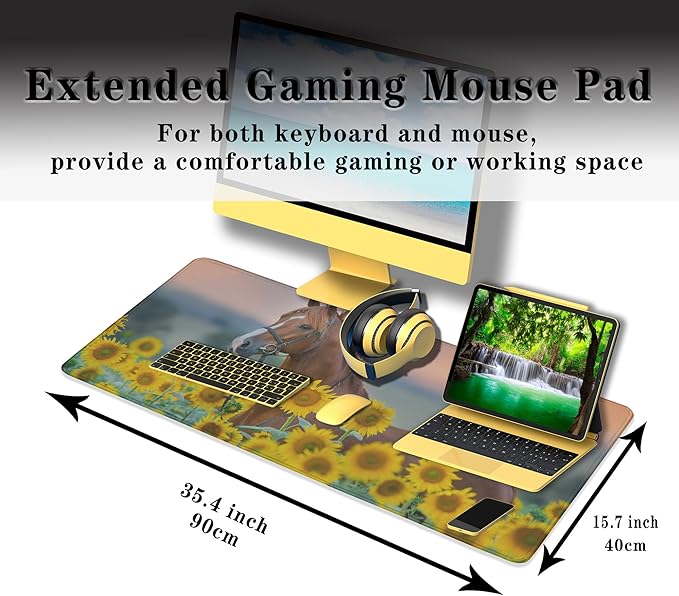 Gaming Desk Mat Sunflowers, Gaming Mousepad Computer Desk Pad, Home Office Decor Non-Slip Rubber Base Waterproof with Stitched Edges, 35.4 X 15.7 inch for Work/Game/Office/Home Red Stallion