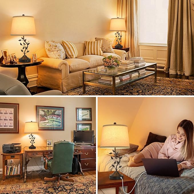 3-Way Dimmable Touch Table Lamps for Living Room Set of 2 Traditional Lamps for Bedroom with 2 USB Charging Ports Bedside Nightstand Lamps for Reading Retro Vine Lamps End Table Office, Bulbs Included