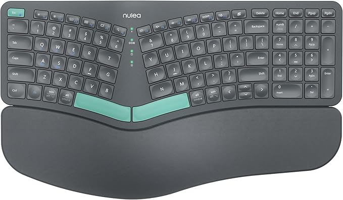 Nulea Wireless Ergonomic Keyboard, Split Keyboard with Cushioned Wrist Rest, USB and Bluetooth Connectivity, USB-C Rechargeable, Compatible with Windows Mac