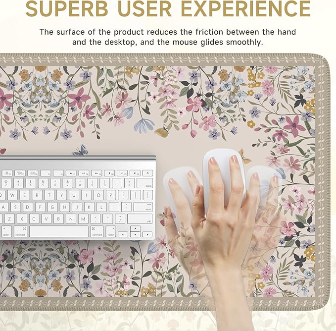 iCasso Floral Desk Mat for Keyboard and Mouse,Cute Gaming Mouse Pad XXL,Anti-Slip Desk Matt for Desktop,Soft Lycra Surface Computer Mat Women,Girly Big Mousepad for Home Office (Beige)