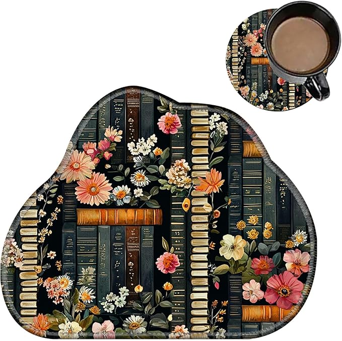Cute Mouse Pad Plus 1 Coaster, Small Gaming Mouse Mat 11.8 x 9.45 inches, Travel Mouse Pads with Durable Stitched Edges Non-Slip Base, Flowers Bookshelves Decor Mousepad for Office Home