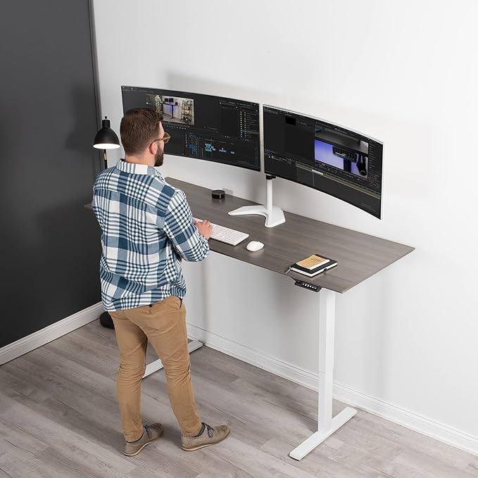 VIVO Premium Dual Ultra Wide LCD LED 27 to 38 inch Monitor Desk Stand, Heavy Duty, Free-Standing Telescoping Arms, Flush Wall Setup, Fits 2 Screens, White, STAND-TS38BW