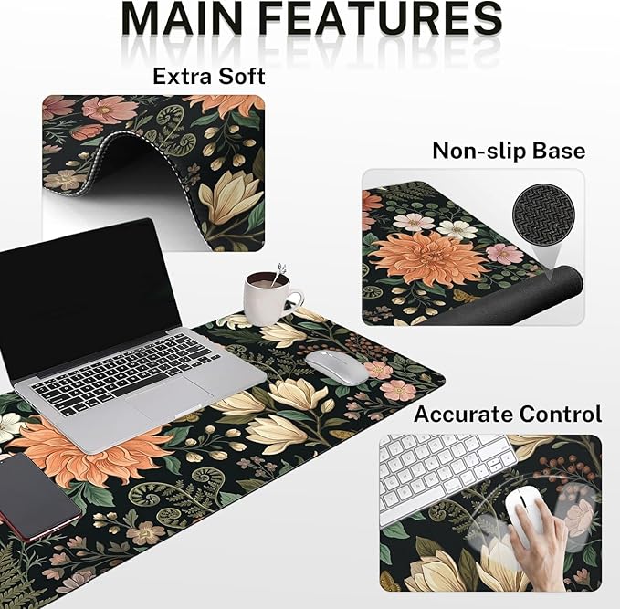Arttown Spring Flower Desk Mat Leaves Floral Colorful Mouse Pad Set 4 in 1 Ergonomic Design Large Mousepad + Keyboard Wrist Rest + Mouse Wrist Rest + Coaster Suitable for Home Office Study Game