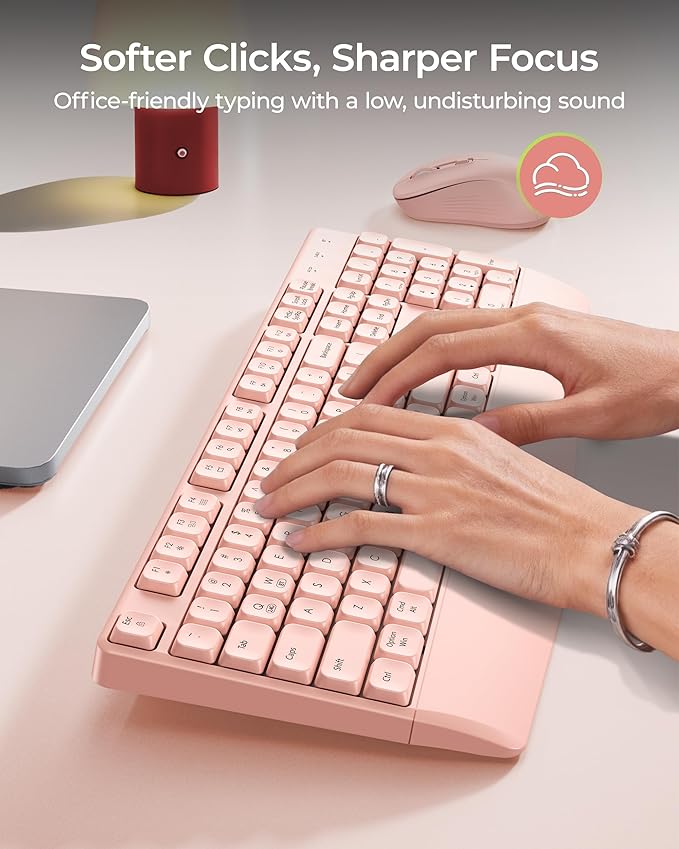 seenda Wireless Bluetooth Keyboard and Mouse Combo, COE200 Ergonomic Wireless Keyboard Mouse with Wrist Rest, Multi-Device Connection, Full-Size Compatible for Computer/Laptop/Mac/MacBook, Pink