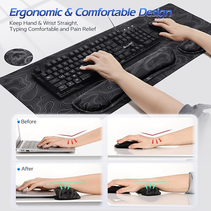 Gimars 4 in 1 Mouse Pad and Keyboard Wrist Rest Set, Large Mouse Pad with Memory Foam Wrist Support Pad for Desk with Coaster, Easy Typing, Gaming Office Home 31.5x12 in, Topographic Map
