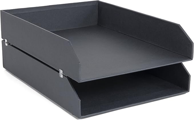 Bigso Hakan Letter Trays - Stackable Paper Tray Organizer with Stable Rubber Feet for A4 or Letter Size Documents - 9.1 in x 12.2 in x 2.4 in - Pack of 2 - Dark Grey