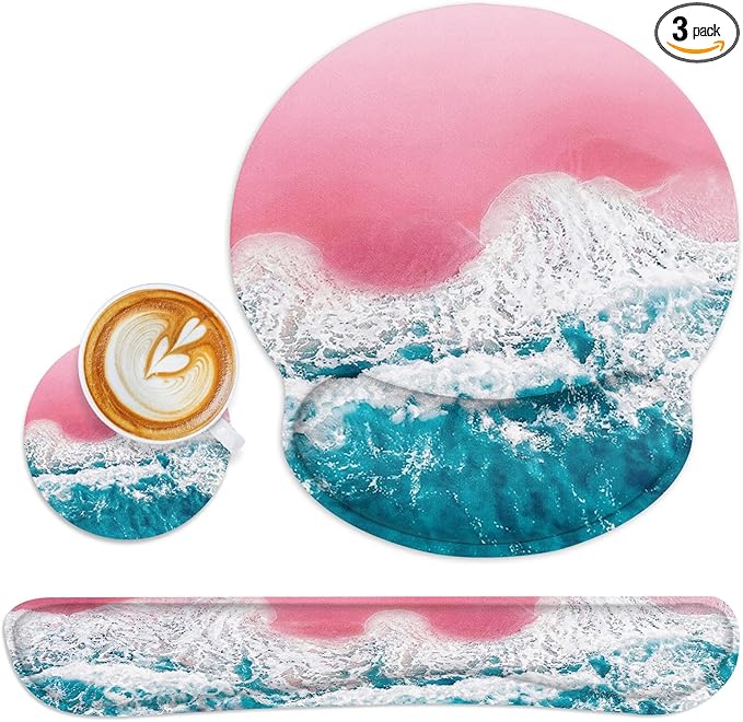 Britimes Blue Sea Pink Sand Beach Ergonomic Mouse Pad Set with Wrist Rest Non-Slip Rubber Base Wrist Cushion Support and Coasters Mousepad with Wrist Support for Computer Keyboard and Desk