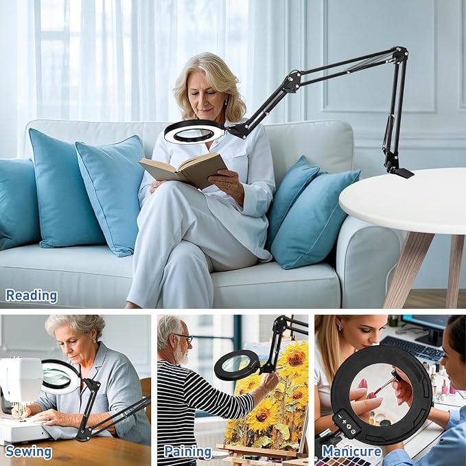 HITTI Ultra Long 12X Magnifying Glass with Light and Clamp, 5 Color Modes Steepless Dimming Desk Lamp, Swivel Arm Workbench Light, Hands Free Lighted Magnifier Stand for Craft Reading Soldering