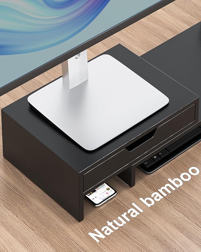 Dual Monitor Riser with Two Drawers for Desk, Bamboo Monitor Stand Riser with Storage, Desk Shelf for Computer, IMac & Laptop, No Assembly Required, Black
