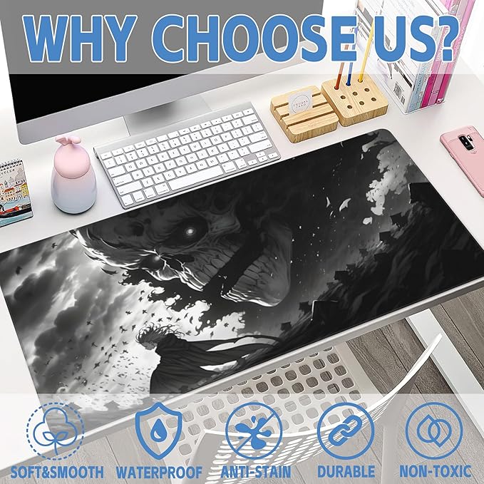 Desk Mat,Horror Anime Manga Large Gaming Mouse Pad for Desk XXL,Anime Scene Desk Pad,Extended Big Computer Keyboard Mouse Pad with Non-Slip Base and Stitched Edge 35.4"x15.7"