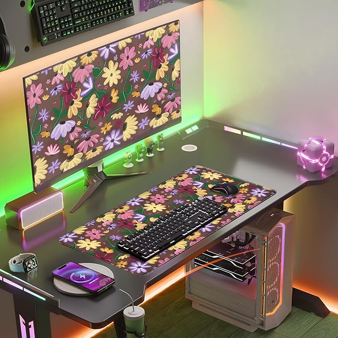 Pastel Floral Desk Mat - Retro CottagecoreBlooming Colorful Flowers Large Mouse Pad for Women Girls, Non-Slip XL Gaming Pad for Vibrant Study Office Cubicle Decor 31.5x15.7in