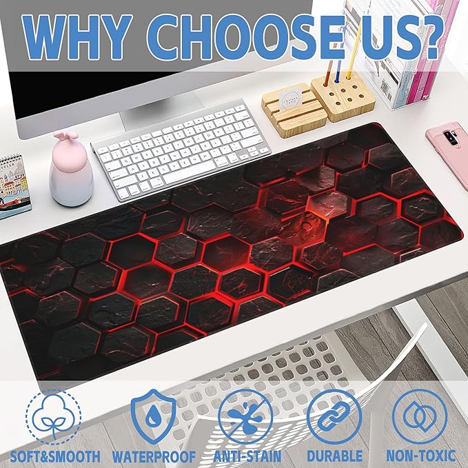Large Gaming Mouse Pad for Desk,Red Honeycomb Science Technology Desk Mat,Honeycomb Hexagon Desk Pad,Extended Big Computer Keyboard Mouse Pad with Non-Slip Base Stitched Edges 31.5"x11.8"
