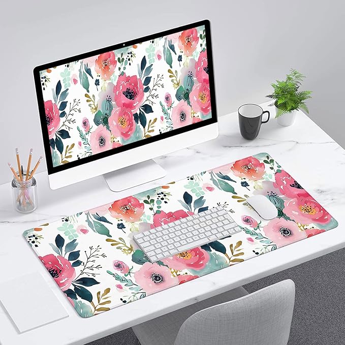 Pink Floral Gaming Mouse Pad Watercolor Flower Plant Large Gaming Mouse Mat with Stitched Edges,Non-Slip Waterproof Rubber Base Mous Mat 31.5"x11.8" Office Computer Keyboard Laptop Home
