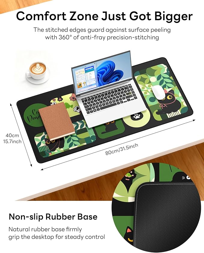 XL Gaming Mouse Pad, 31.5x15.7'' Large Desk Mat with Anti-Slip Rubber Base & Stitched Edges for Gaming, Office, Home, Cute Kitty