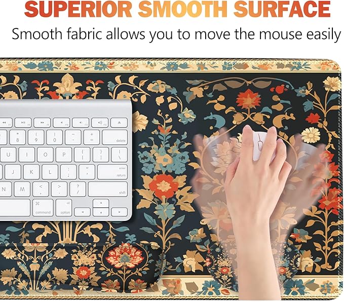 ARTSO Desk Mat Set, Mouse Pad with Wrist Rest Support + Keyboard Wrist Rest + Large Mouse Pad + Coaster, Extended Gaming Mousepad Combo, Retro Flower Plant