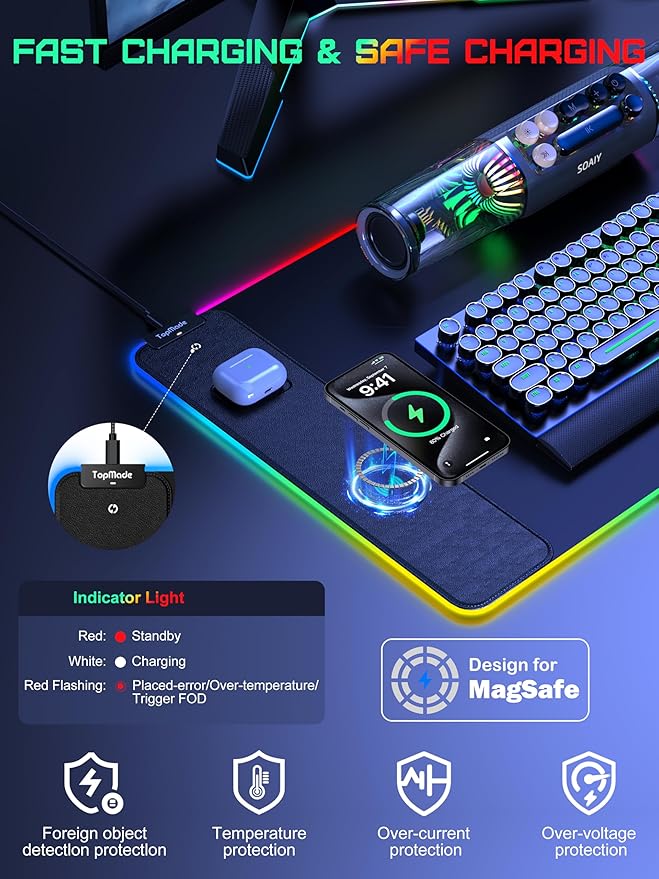 TopMade Wireless Charging RGB Mouse Pad, Waterproof Gaming Desk Pad with 4 Light Modes & 11 RGB Colors, Ultra-Smooth Surface, Non-Slip Base, 31.5"x15.75" XXL Large Desk Mat for MacBook, PC, Laptop