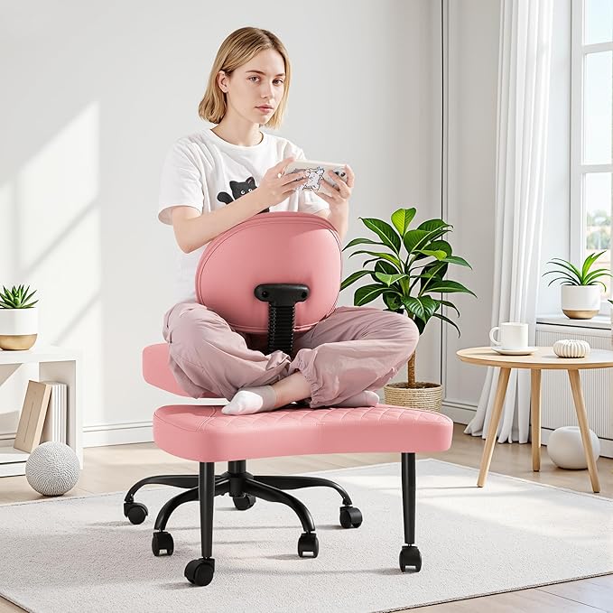 GUNJI Ergonomic Criss Cross Legged Office Chair, 360° Swivel Meditation Kneeling Chair with Wheels, ADHD Chair with Footrest, Lumbar Support, Wider Height Adjustable Seat (Pink, Teddy Fleece)