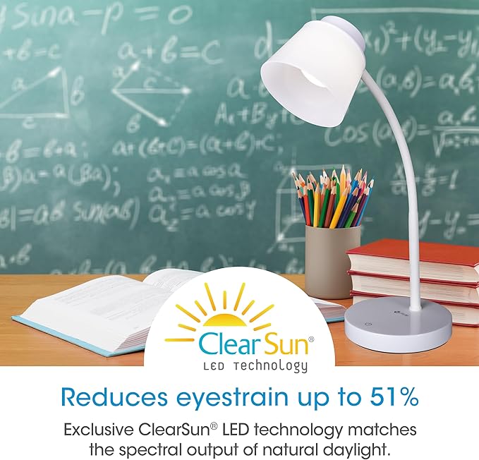 OttLite Clarify LED Desk Lamp with 4 Brightness Settings – Touch Activated Controls, Modern White Design, ClearSun LED Lighting, Flexible Neck, for Work, Study, Reading, Crafting