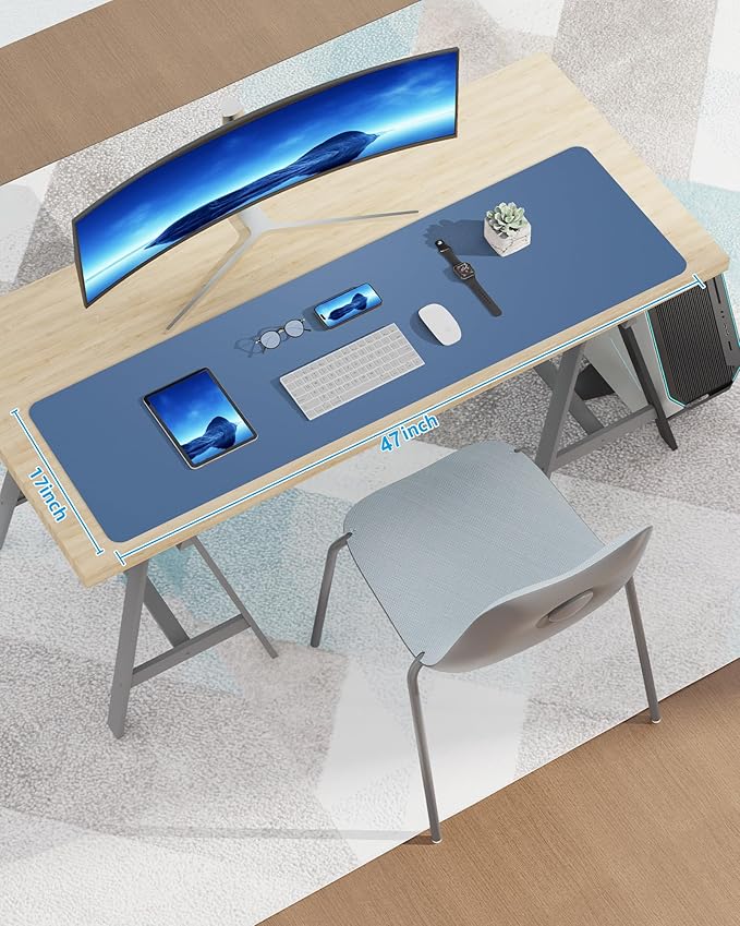 AFIING Leather Desk Pad Protector, Mouse Pad, Office Desk Mat, Non-Slip PU Leather Desk Blotter, Large Desk Mat, Waterproof Keyboard Mat for Office/Home/Decor (Grey Blue, 48" x 17")