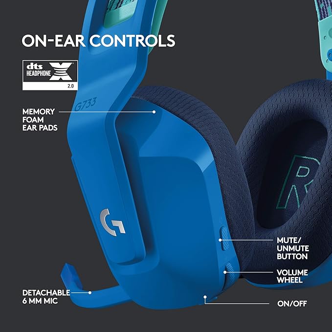 Logitech G733 Lightspeed Wireless Gaming Headset with Suspension Headband, LIGHTSYNC RGB, Blue VO!CE mic Technology and PRO-G Audio Drivers - Blue