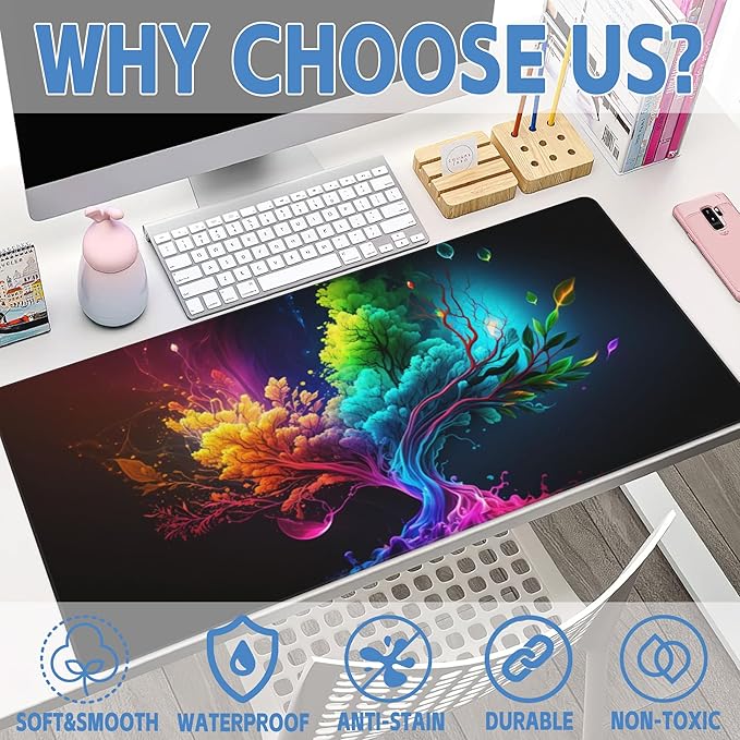 Large Gaming Mouse Pad for Desk,Colorful Tree of Life Desk Mat,Abstract Multicolor Texture Desk Pad, Extended Big Computer Keyboard Mouse Pad with Non-Slip Base and Stitched Edge 35.4"x15.7"