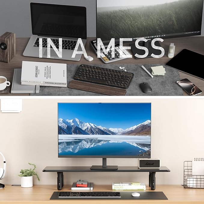 Dual Monitor Stand for Desk, Adjustable Height Wood Computer Riser, Ergonomic Monitor Shelf for Laptop, Printer, TV, Black - Large Storage Space, Sturdy Desk Organizer for Home & Office,Black